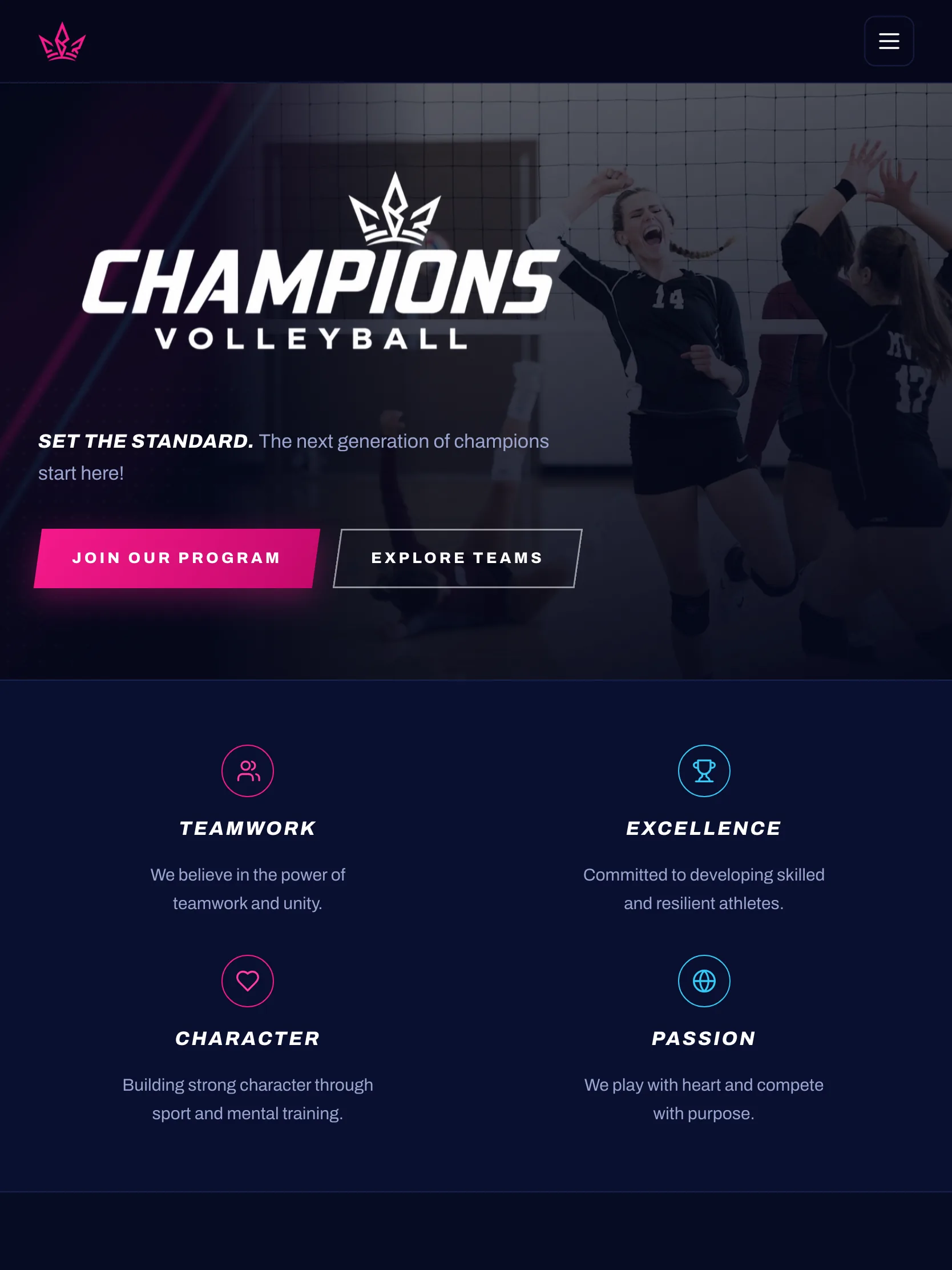 Champions Volleyball Club website — tablet view