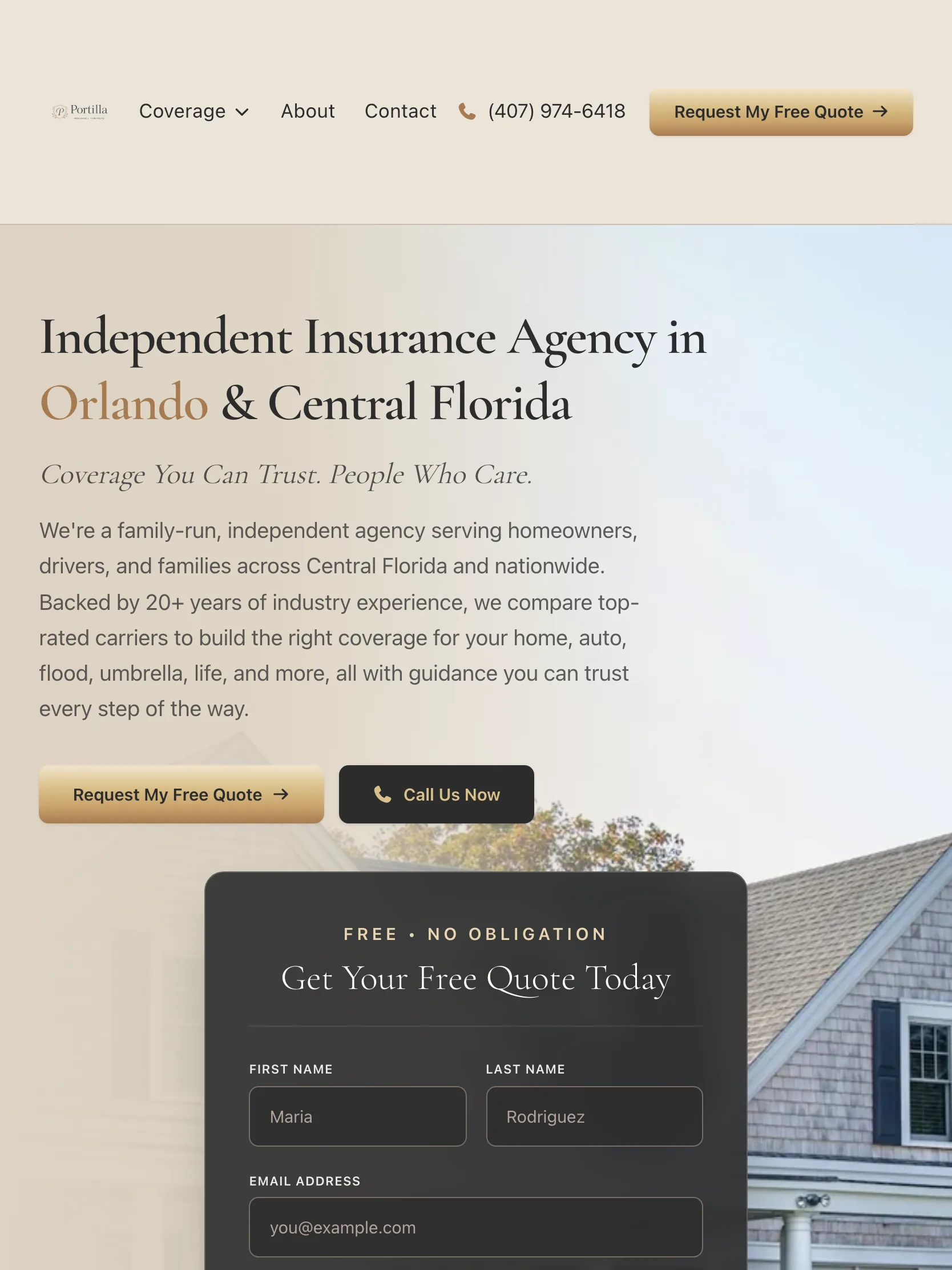 Portilla Insurance Agency website — tablet view